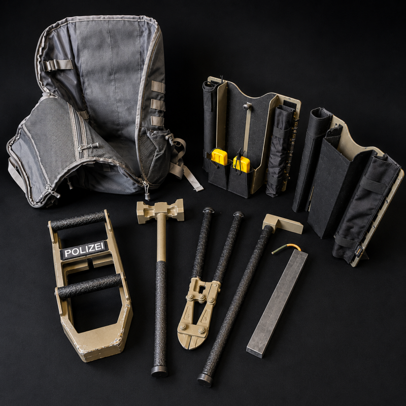 Ziviles Tragesystem Komplett-Set für Breaching-Werkzeuge Ziviles Tragesystem - Komplett Set Ziviles Tragesystem Komplett-Set mit Rucksack, Ramme, Brecheisen, Bolzenschneider und Hammer